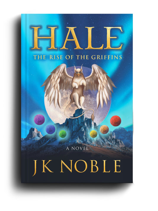 Hale The Rise of the Griffins book cover with a winged griffin, planets, and mountains.