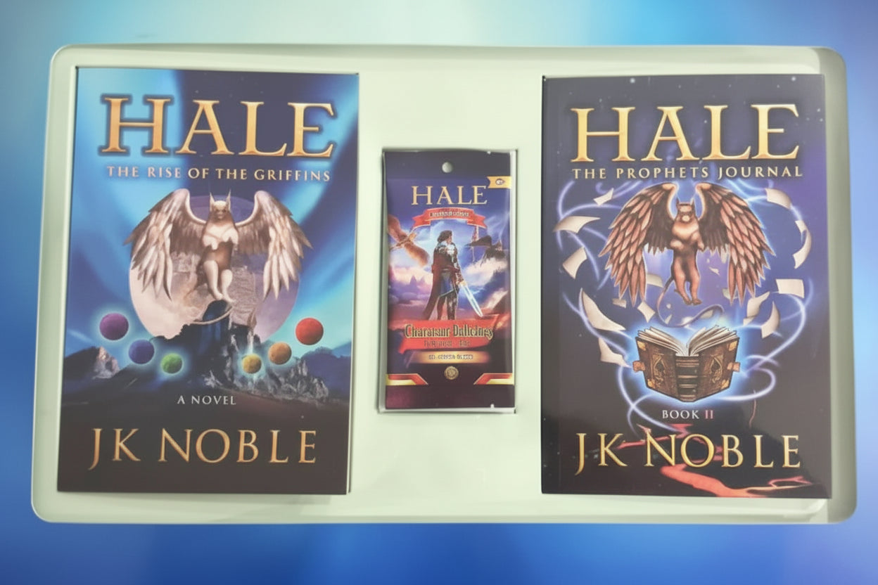 HALE books by J.K. Noble and trading card pack featuring fantasy griffin artwork