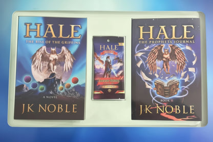 HALE books by J.K. Noble and trading card pack featuring fantasy griffin artwork