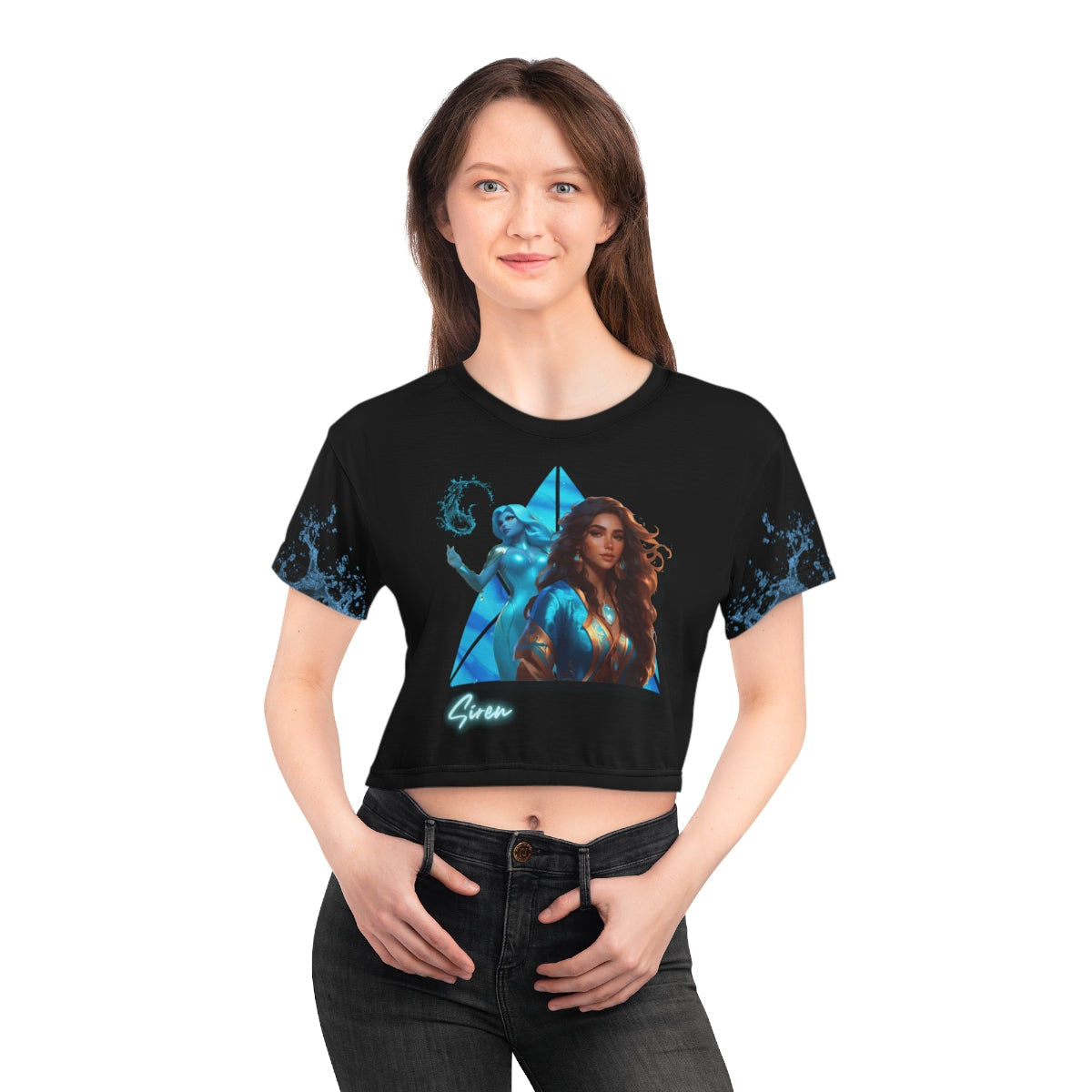 Juniors'  Graphic Siren Crop Top Short Sleeve T- Shirt  - Black-HALE