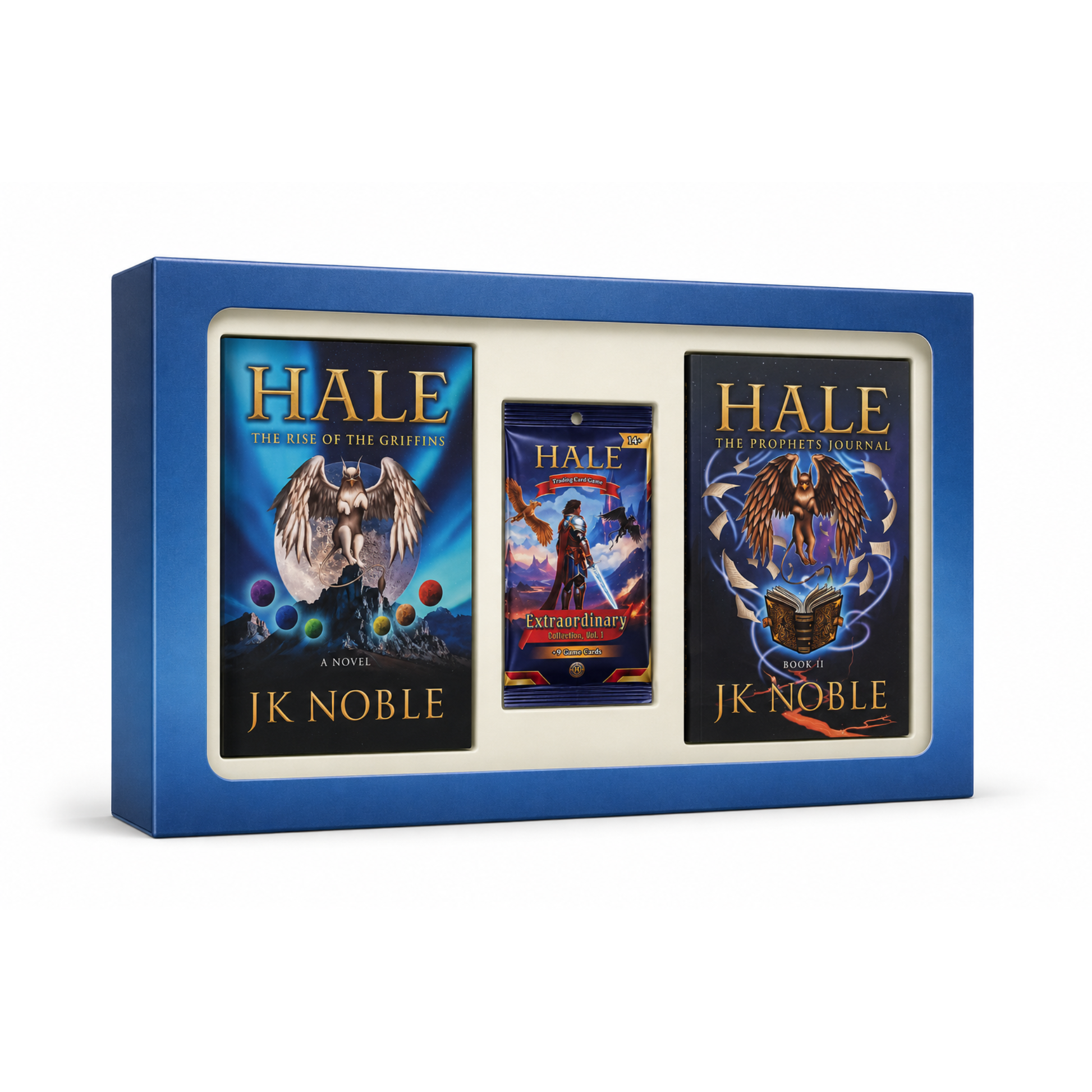 HALE books by J.K. Noble and trading card pack featuring fantasy griffin artwork