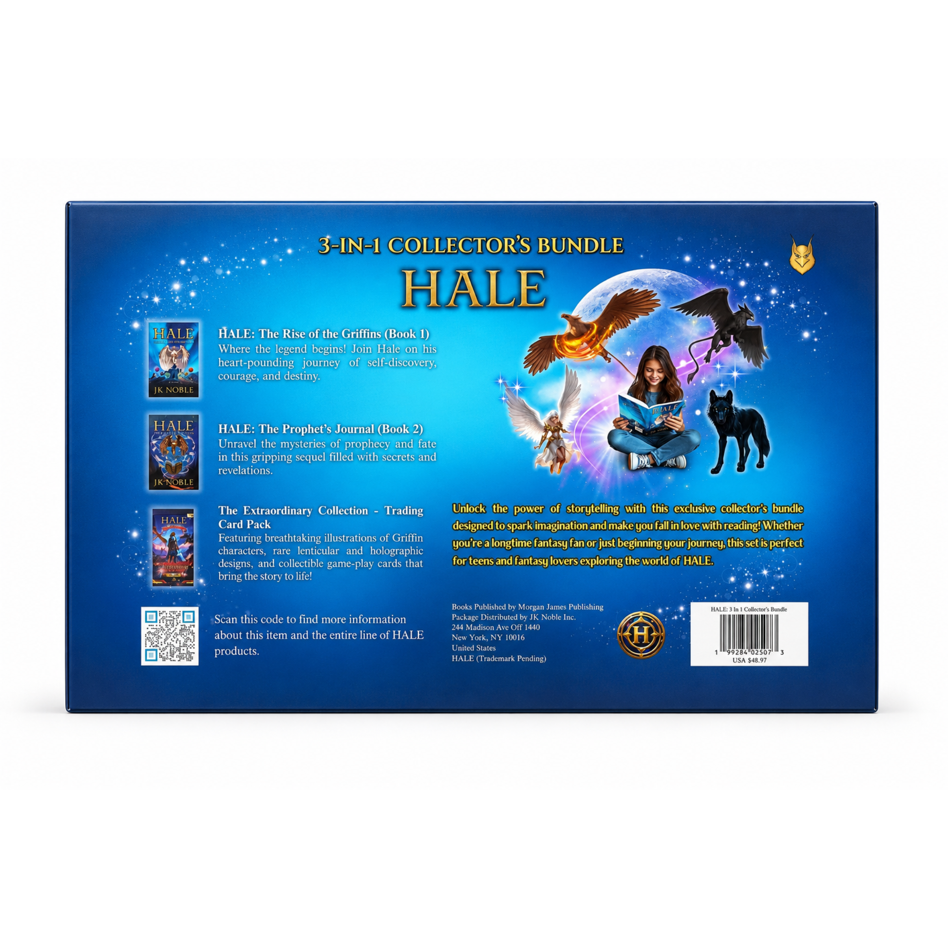HALE books by J.K. Noble and trading card pack featuring fantasy griffin artwork