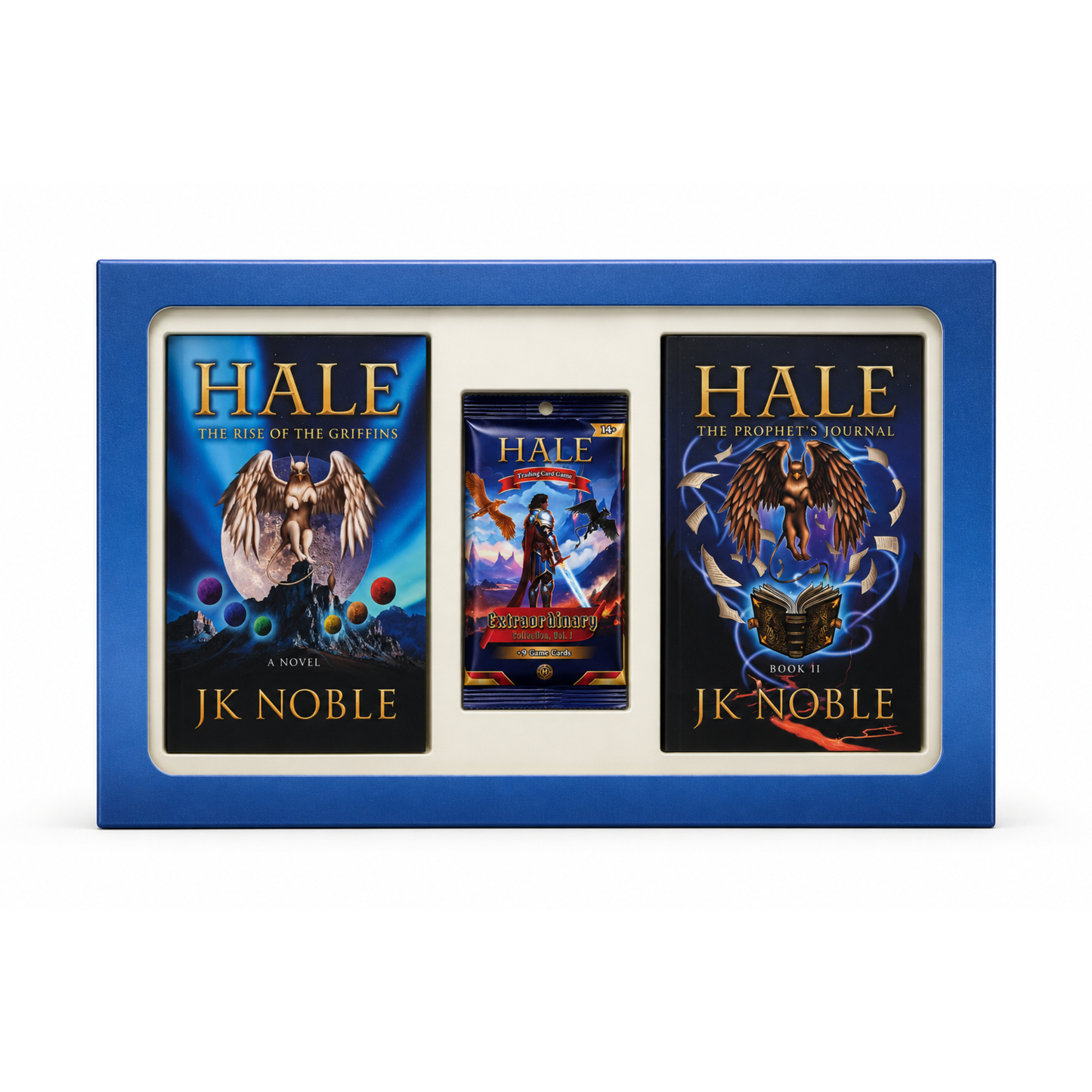 HALE books by J.K. Noble and trading card pack featuring fantasy griffin artwork
